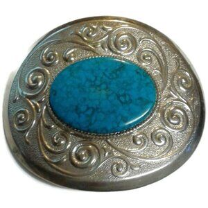 Oval Belt Buckle Bezel mounted Turquoise Cabochon Stone Vintage